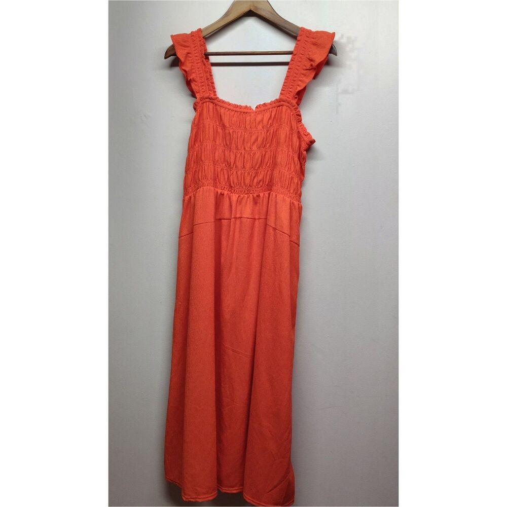 Old Navy Midi Dress Women XL Orange Smocked Stretch Boho Coastal Feminine Casual